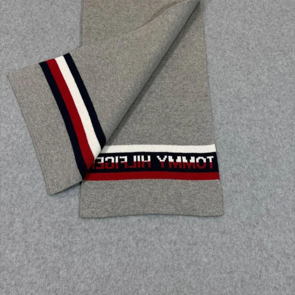 Tommy Hilfiger Gray Knit Scarf Logo Stripe One Size 72
